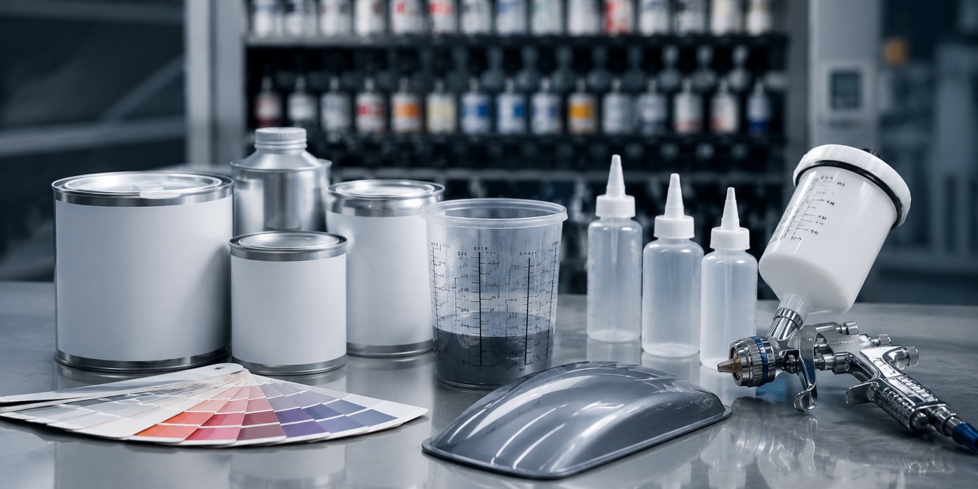 Paint tins, mixing cups, a colour fan and a spray gun on a mixing bench.