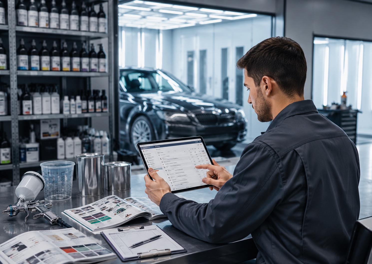 Technician in a workshop reviewing a product list on a tablet or paperwork.